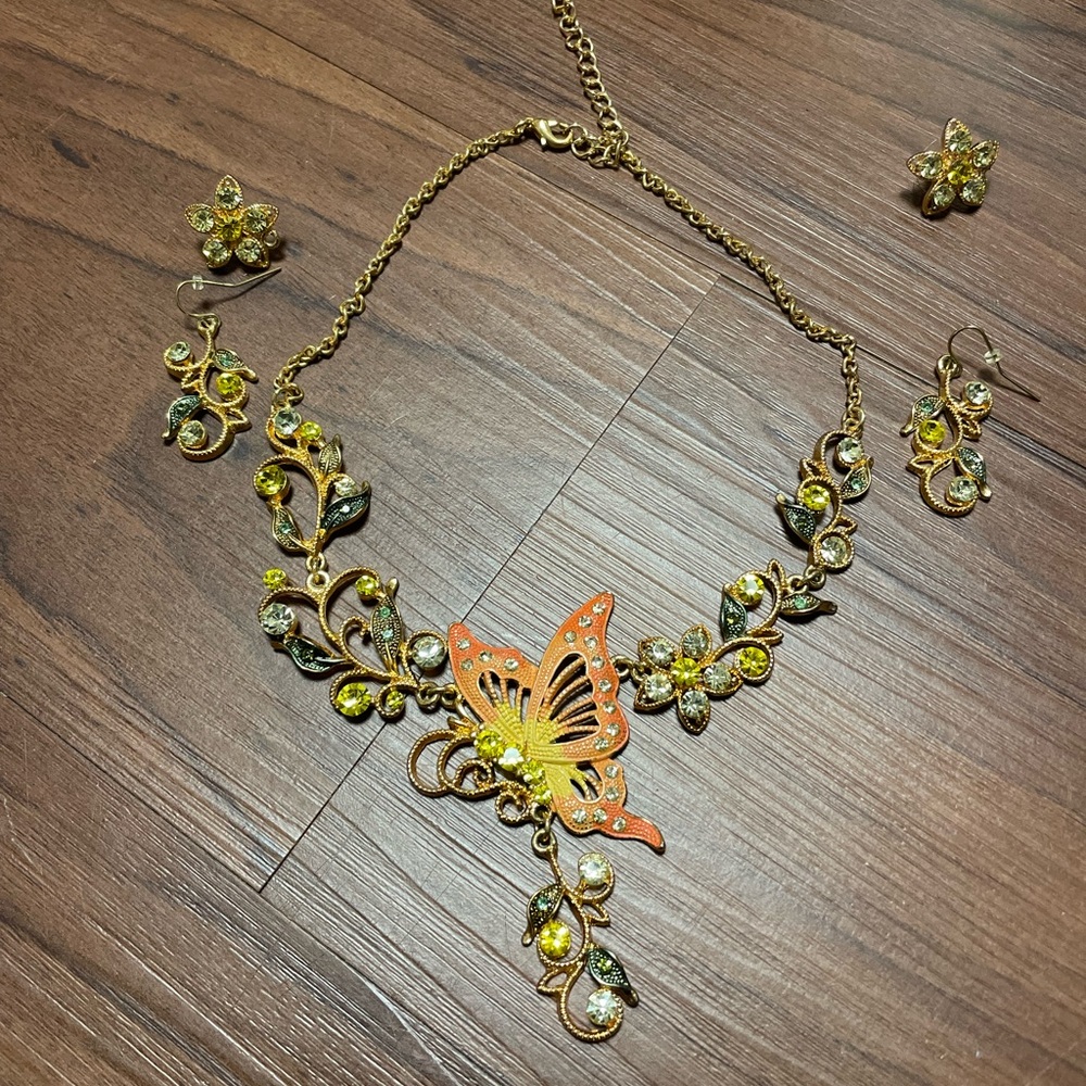 Orange Butterfly Necklace & Earring 5 Piece Set with Green Stones